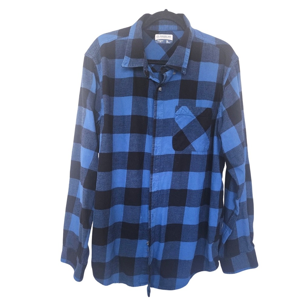 Magellan Outdoors Mens XL Blue Black Buffalo Plaid Flannel 100% Cotton Shirt